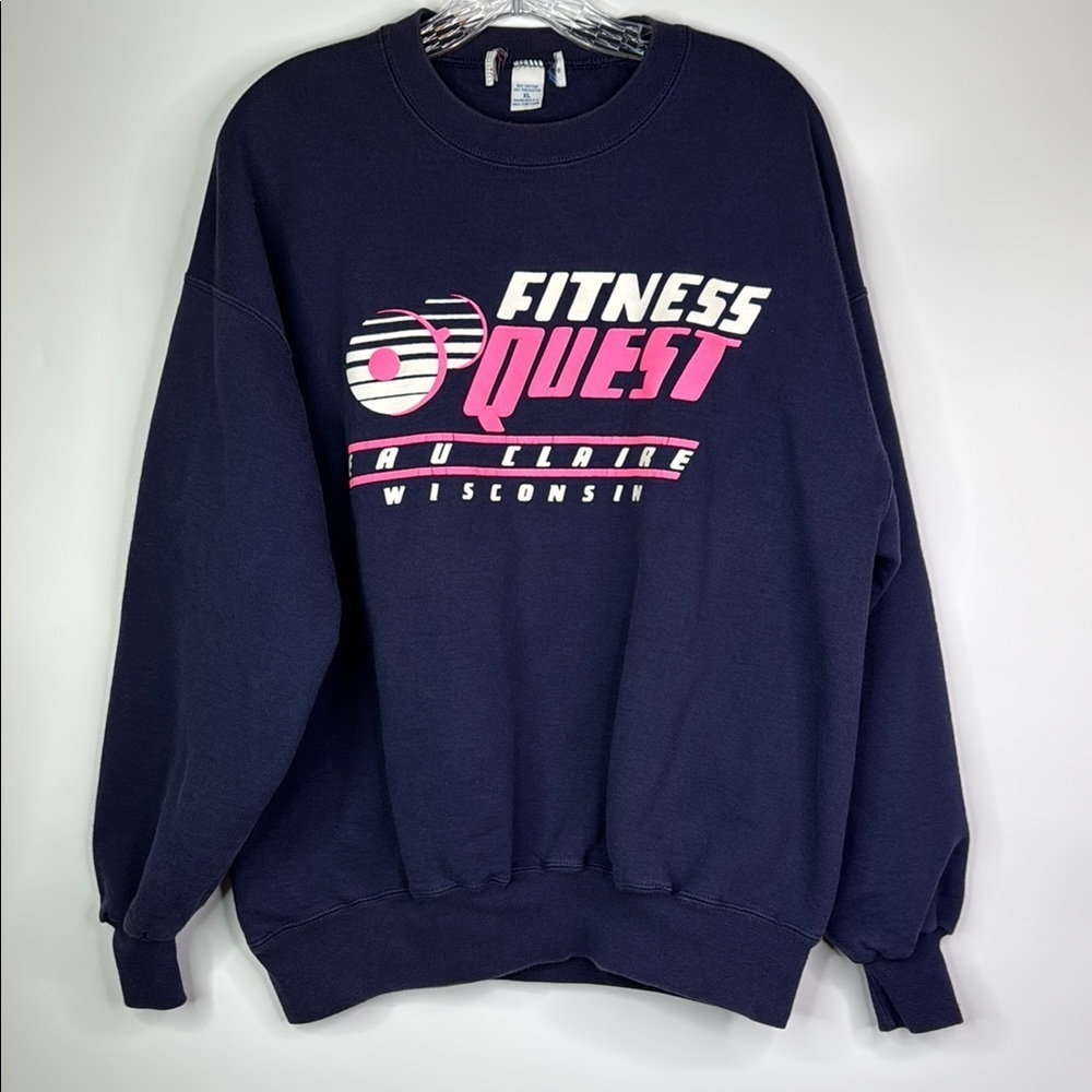 Vintage Fitness Quest Eau Claire Wisconsin Navy Blue Sweatshirt XL